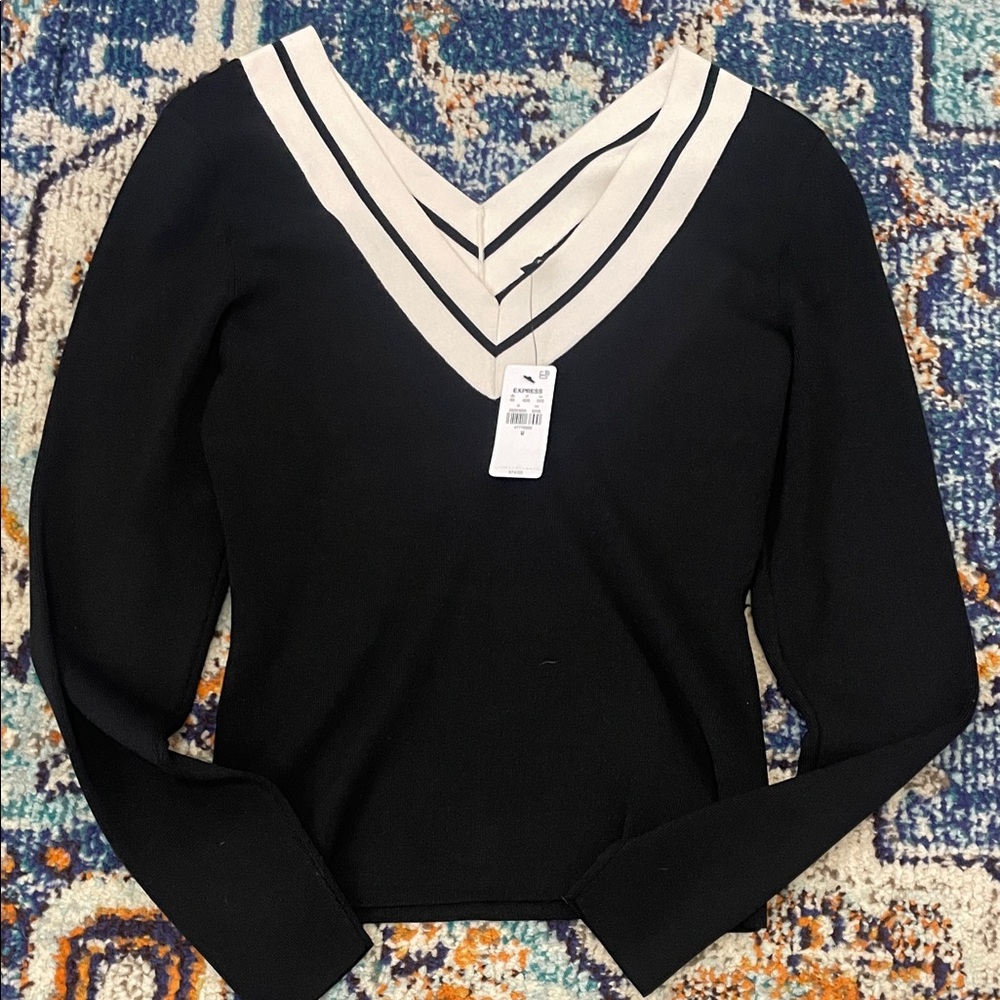NWT Express Black V-Neck Sweater with White Stripe Detail